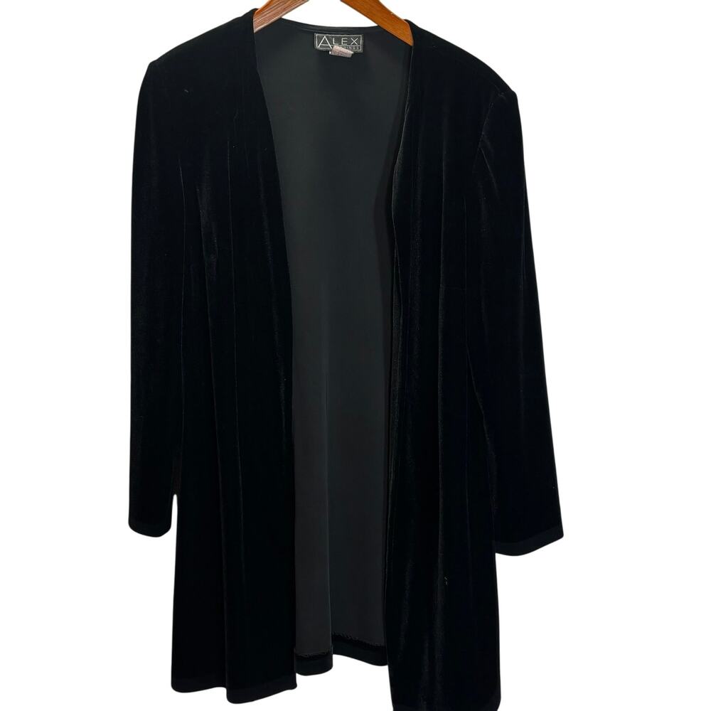 Vtg Alex Evenings Womens Velour Open Front Cardigan Size L Black Shoulder Pads - Picture 1 of 6